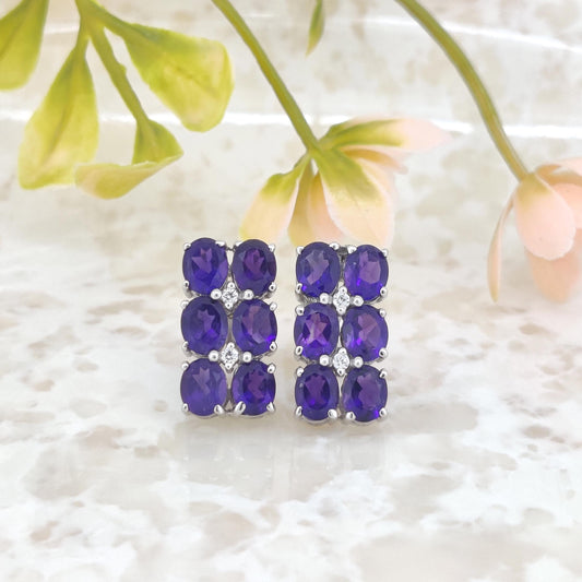 Natural African Amethyst Stud Earring-Oval Gemstone-925 Sterling Silver Jewelry-Cubic Zircon-February Birthstone Jewelry-Amethyst Earring