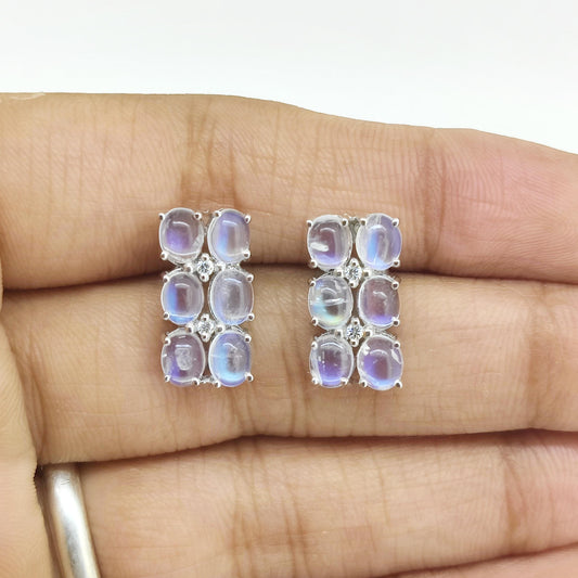 Rainbow Moonstone Stud Earrings: Oval 925 Sterling Silver Minimalist Jewelry