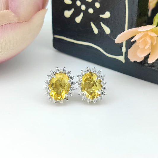 Natural Citrine Stud-925 Sterling Silver-Oval Gemstone-Cubic Zircon Cluster Earring-November Birthstone Jewelry-Yellow Citrine Jewelry Gift
