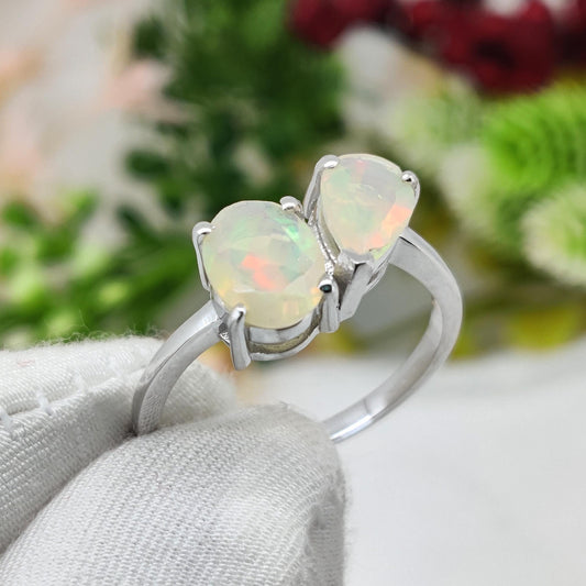 Ethiopian Opal Two Stone Ring, 925 Sterling Silver, October Birthstone