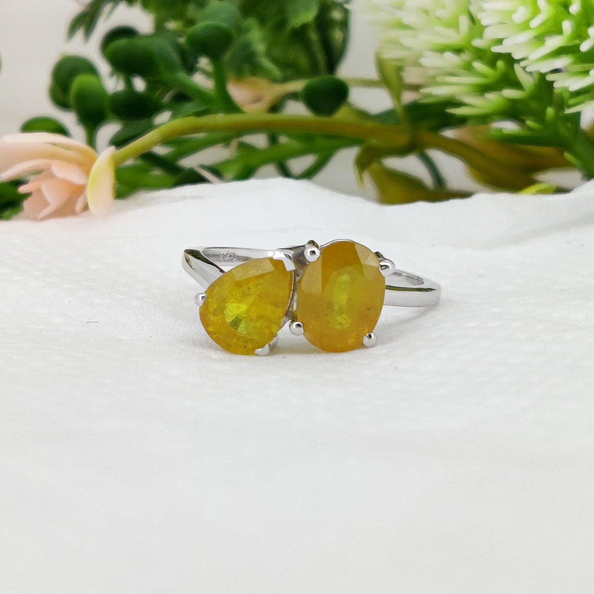 Yellow Sapphire Ring, 925 Sterling Silver Two Stone Ring, September Birthstone
