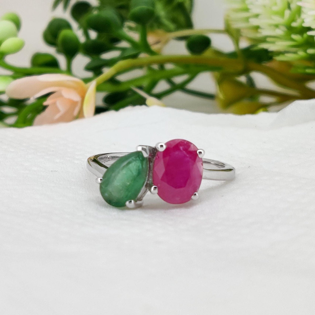 Natural Ruby & Emerald Ring, Sterling Silver Ring , Minimalist Gemstone Band, Birthstone Jewelry