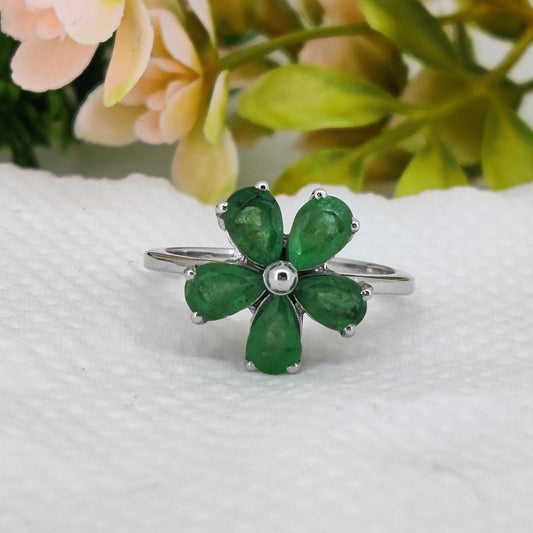 Emerald Gemstone Ring, 925 Sterling Silver, May Birthstone, Handmade Flower Jewelry