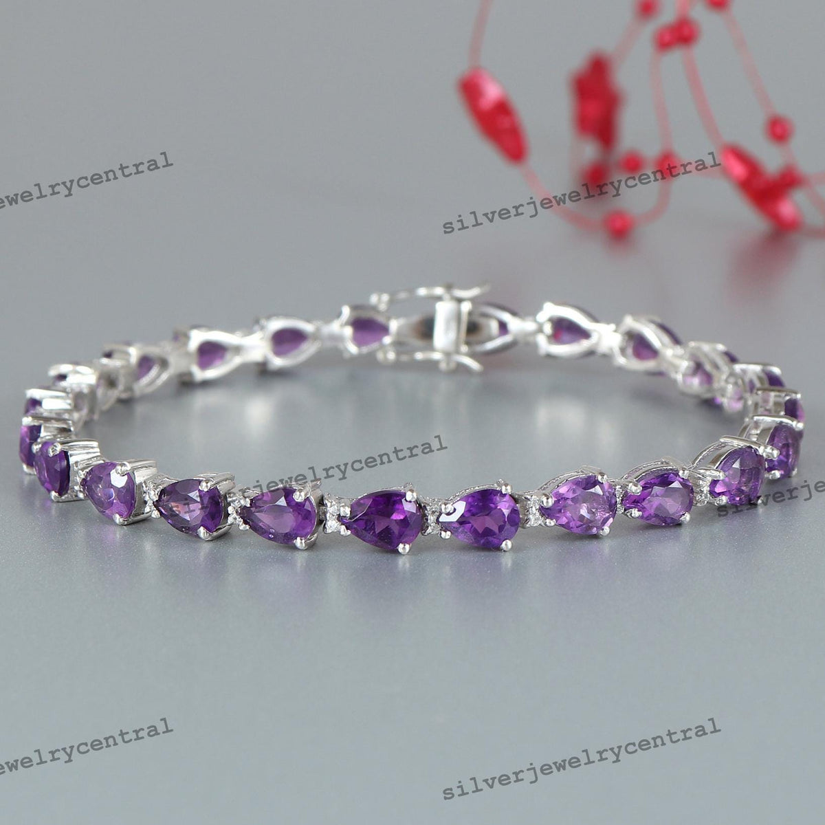Natural Amethyst Tennis Bracelet-Sterling Silver-Pear Gemstone-February Birthstone