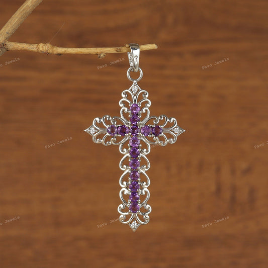 Amethyst Cross Pendant: 925 Sterling Silver Gemstone Jewelry