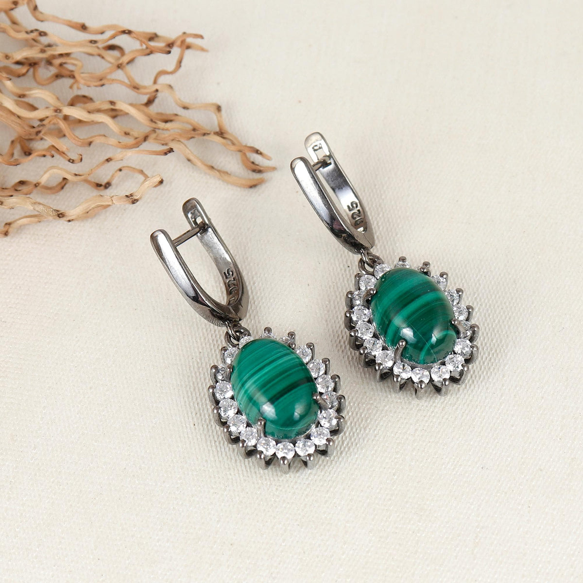 Malachite CZ Sterling Silver Hoop Earrings: Handmade Statement Jewelry