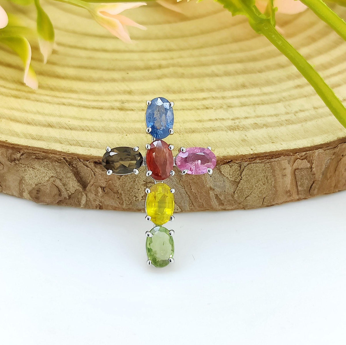 Multi Sapphire Sterling Silver Cross Pendant Necklace, Rainbow Gemstone Jewelry