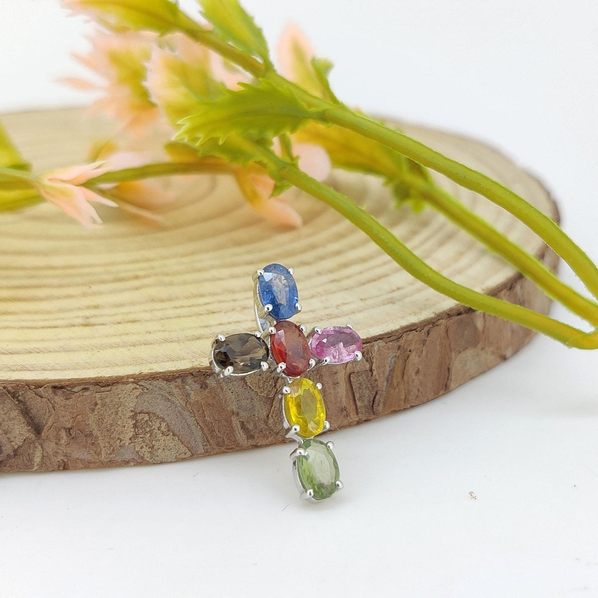 Multi Sapphire Sterling Silver Cross Pendant Necklace, Rainbow Gemstone Jewelry