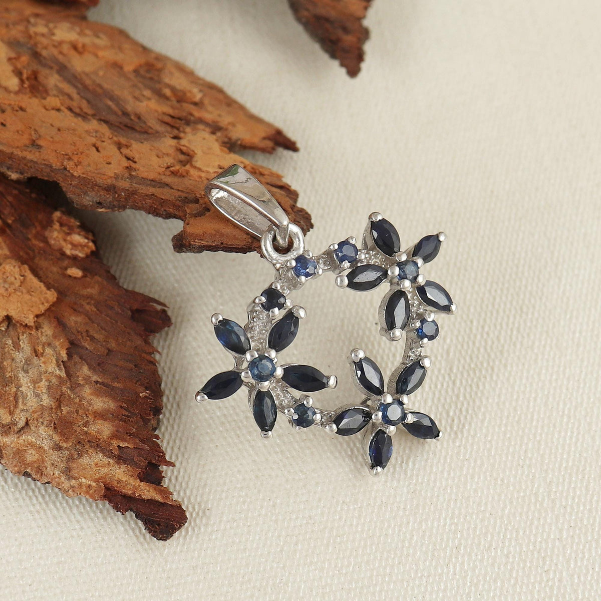 Handmade Sterling Silver Blue Sapphire Flower Pendant, Floral Necklace, Botanical Jewelry