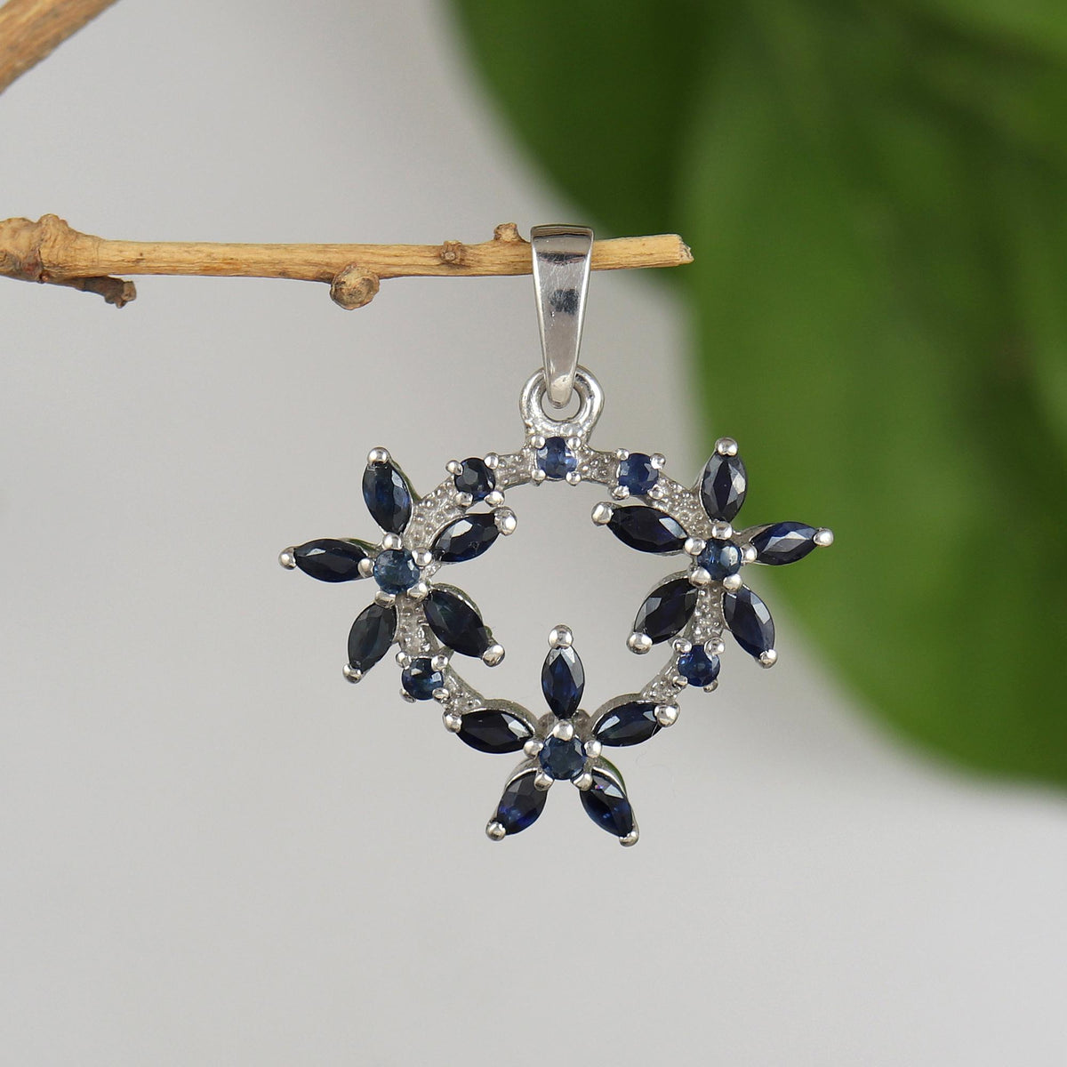 Handmade Sterling Silver Blue Sapphire Flower Pendant, Floral Necklace, Botanical Jewelry