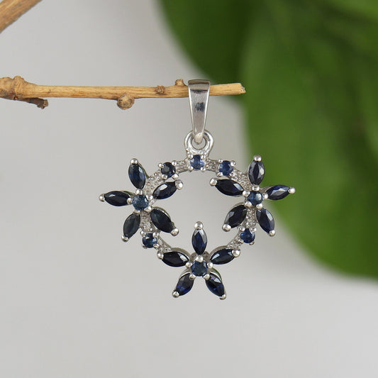 Handmade Sterling Silver Blue Sapphire Flower Pendant, Floral Necklace, Botanical Jewelry