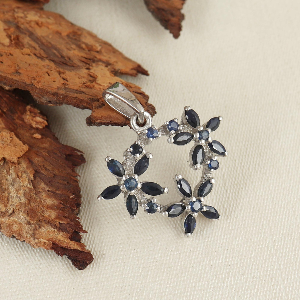 Handmade Sterling Silver Blue Sapphire Flower Pendant, Floral Necklace, Botanical Jewelry
