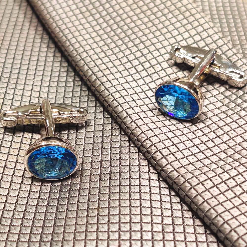 Sterling Silver Swiss Blue Topaz Cufflinks, Oval Faceted Gemstone, Formal Men's Jewelry