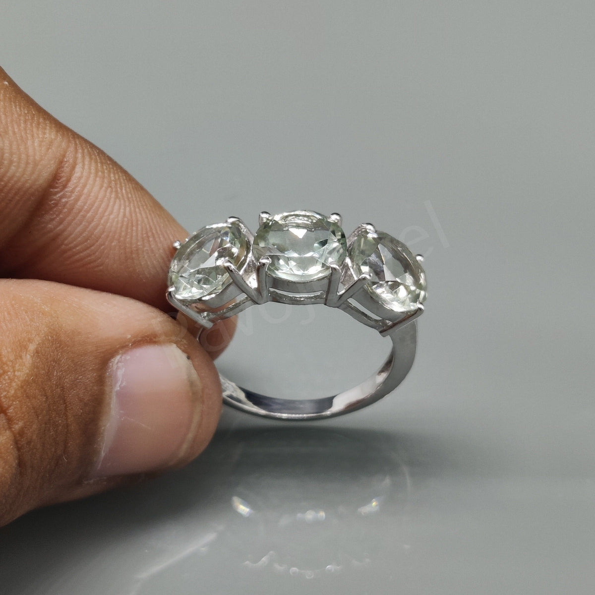 Green Amethyst Sterling Silver Ring: Three Stone February Birthstone, Gift for Her