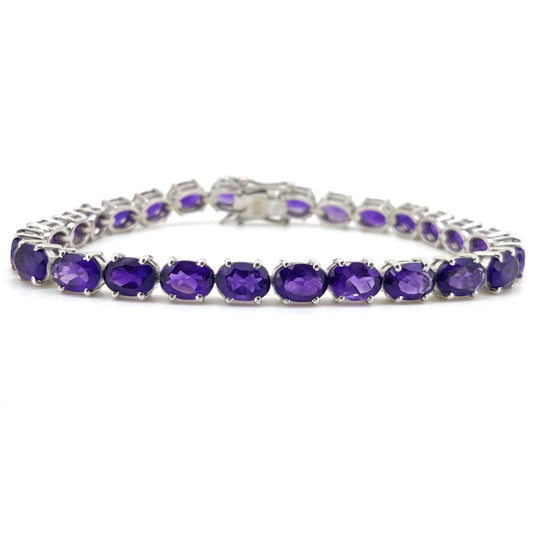 Amethyst Bracelet-925 Sterling Silver- Amethyst Jewelry-Oval Purple Stone-February Birthstone, Tennis Bracelet-Anniversary Gift