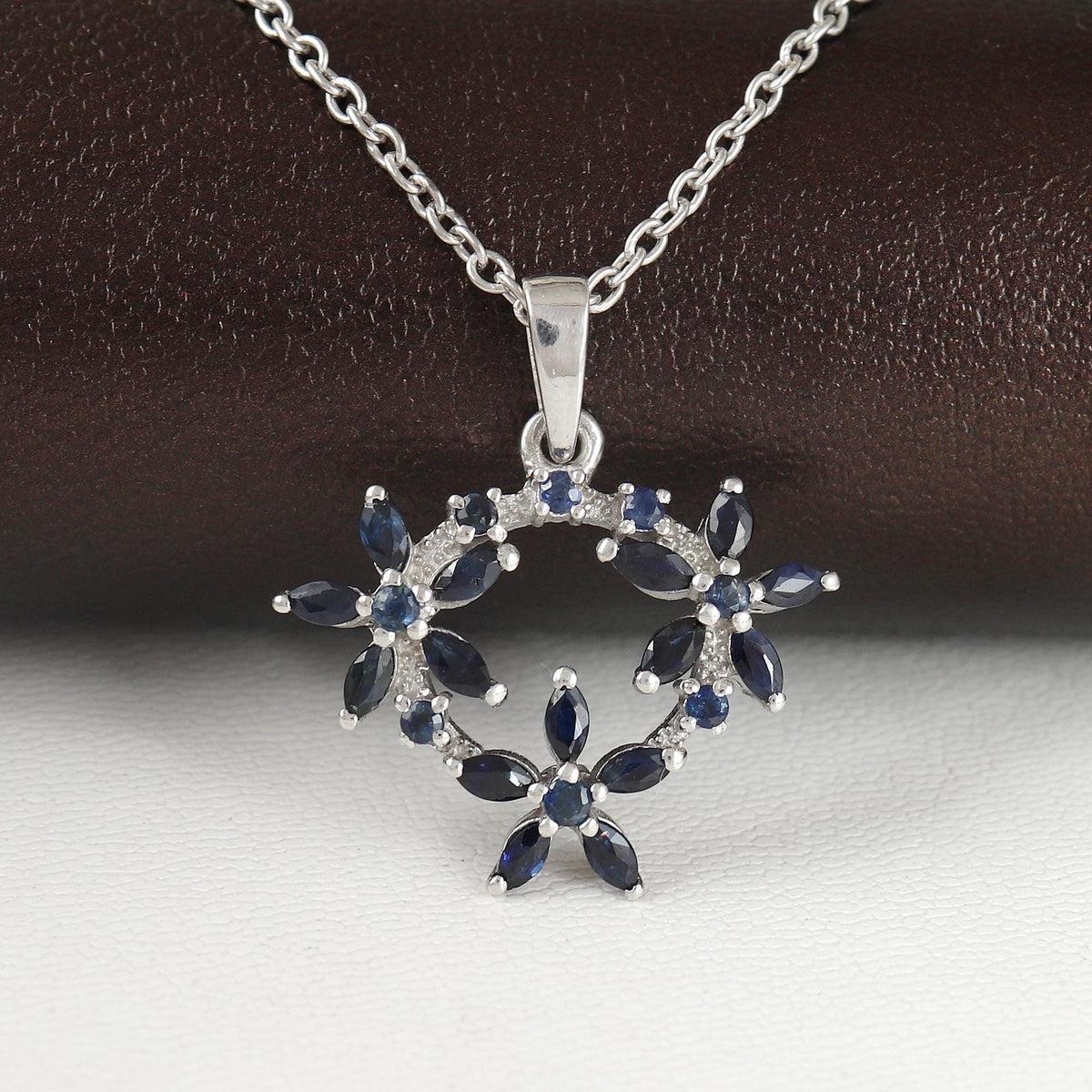 Handmade Sterling Silver Blue Sapphire Flower Pendant, Floral Necklace, Botanical Jewelry