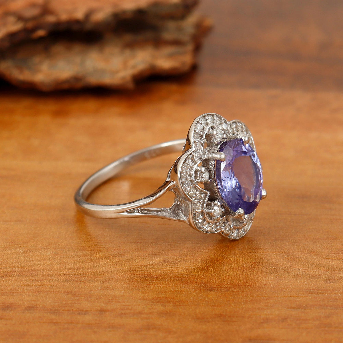 Sterling Silver Tanzanite Engagement Ring, Floral Oval Gemstone, Vintage Promise Ring