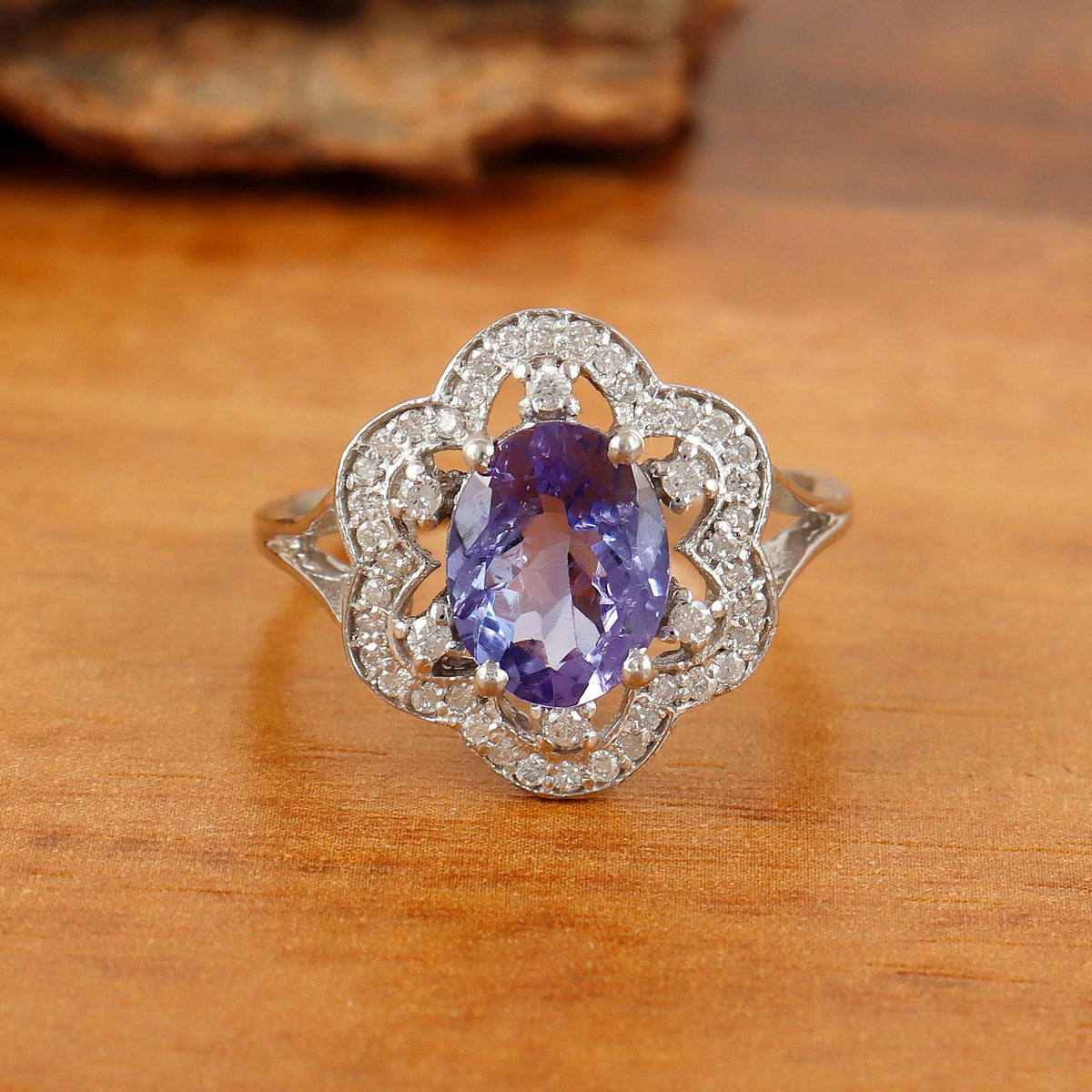 Sterling Silver Tanzanite Engagement Ring, Floral Oval Gemstone, Vintage Promise Ring