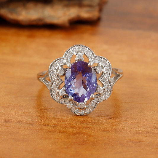 Sterling Silver Tanzanite Engagement Ring, Floral Oval Gemstone, Vintage Promise Ring