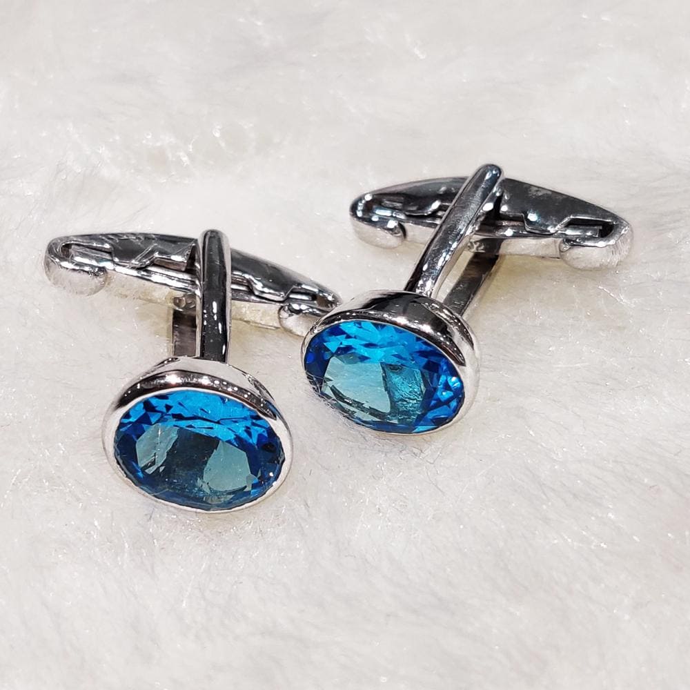 Sterling Silver Swiss Blue Topaz Cufflinks, Oval Faceted Gemstone, Formal Men's Jewelry
