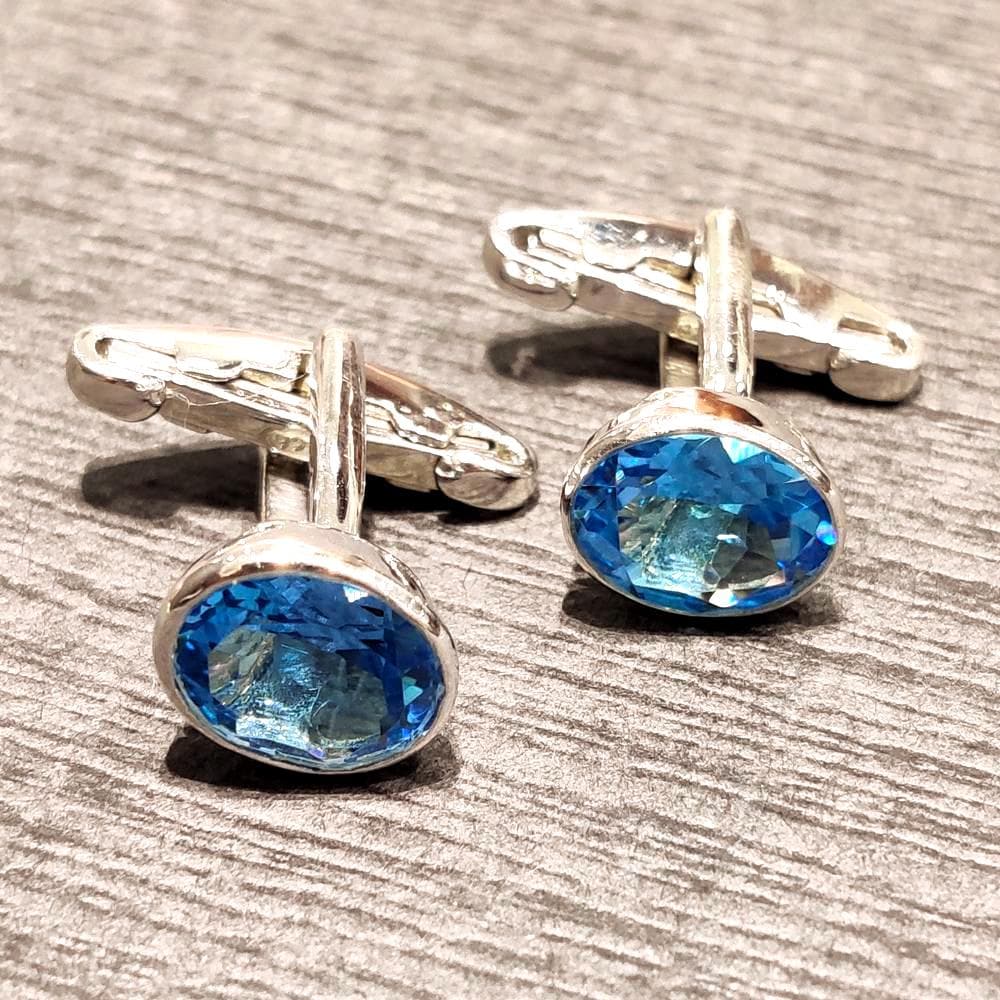 Sterling Silver Swiss Blue Topaz Cufflinks, Oval Faceted Gemstone, Formal Men's Jewelry