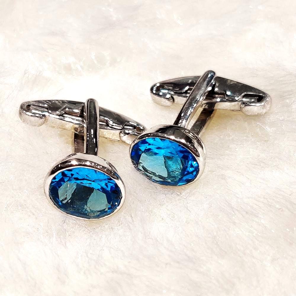 Sterling Silver Swiss Blue Topaz Cufflinks, Oval Faceted Gemstone, Formal Men's Jewelry